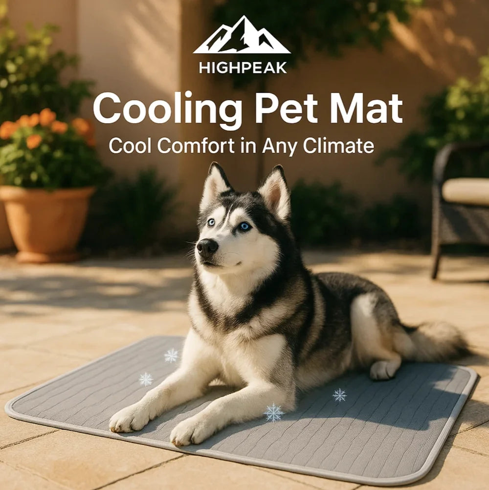 HighPeak Cooling Pet Mat Pad in gray with breathable, lightweight fabric and a husky relaxing outdoors on a patio.