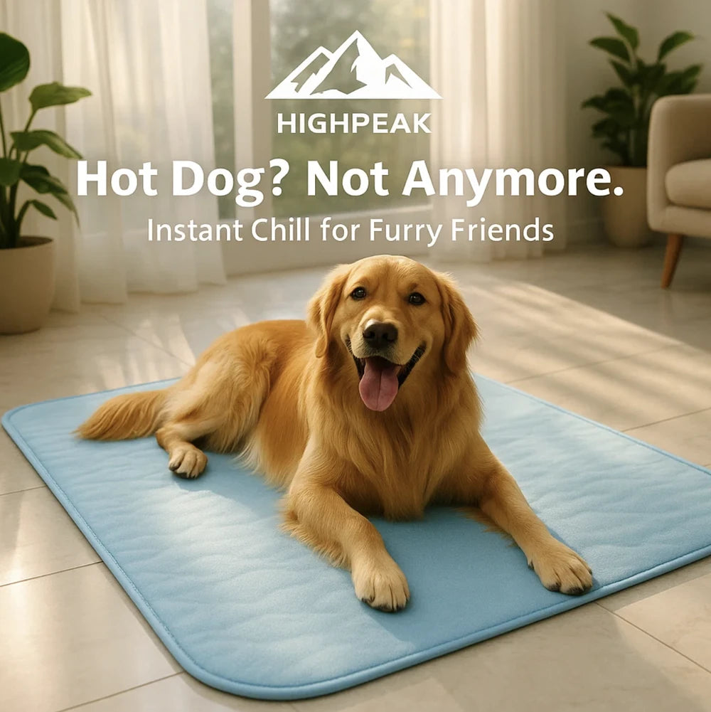 HighPeak Cooling Pet Mat Pad in light blue with golden retriever lying on tiled floor in bright living room