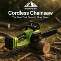 HighPeak Cordless Chainsaw in green and black on a log outdoors, featuring a compact, cordless 12-inch design.