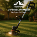 HighPeak Cordless Lawn Mower in black with 21V battery on green grass, cordless electric mower for trimming and edging.
