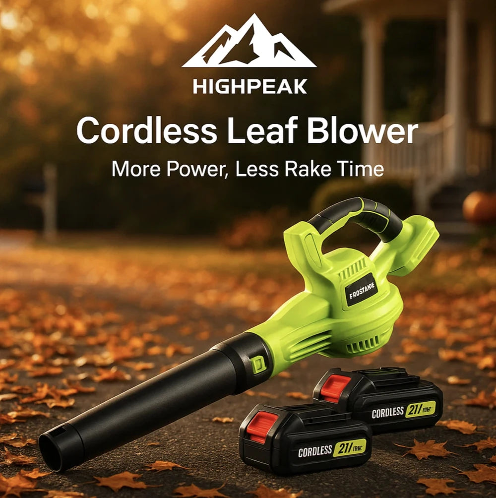 HighPeak Cordless Leaf Blower in green with two 21V batteries on a leaf-covered driveway at sunset
