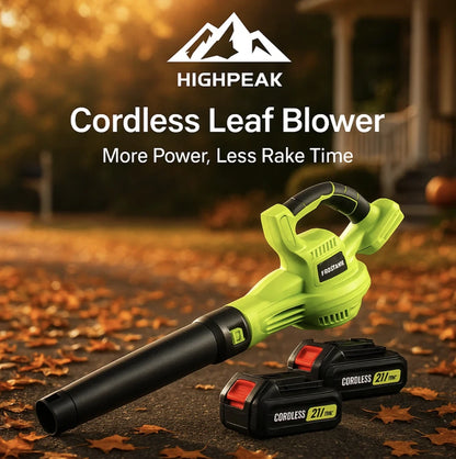 HighPeak Cordless Leaf Blower in green with 2 black 21V batteries on autumn leaves, powerful and lightweight design.