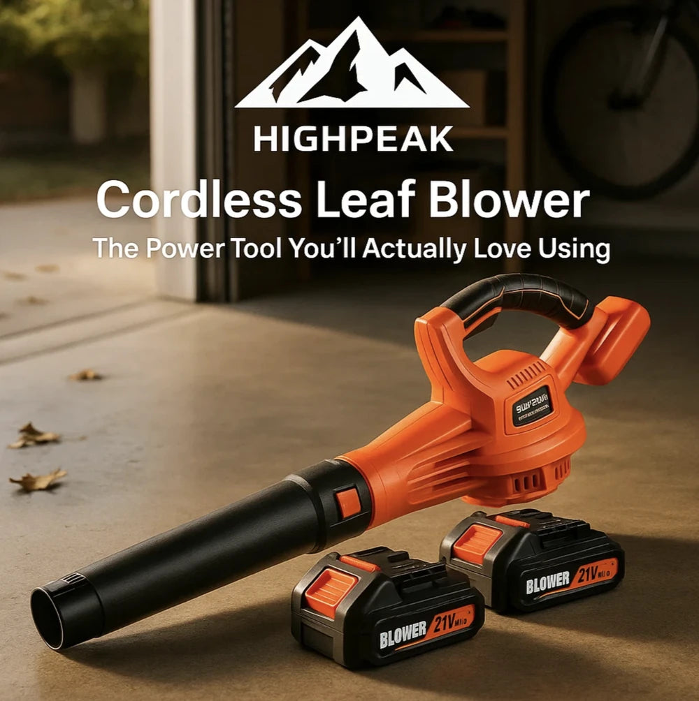 HighPeak Cordless Leaf Blower in orange with two 21V batteries on concrete floor, cordless yard cleanup tool