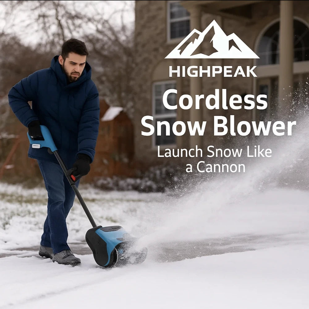 HighPeak Cordless Electric Snow Blower in blue clearing snow on a driveway with no cords, powerful and lightweight design