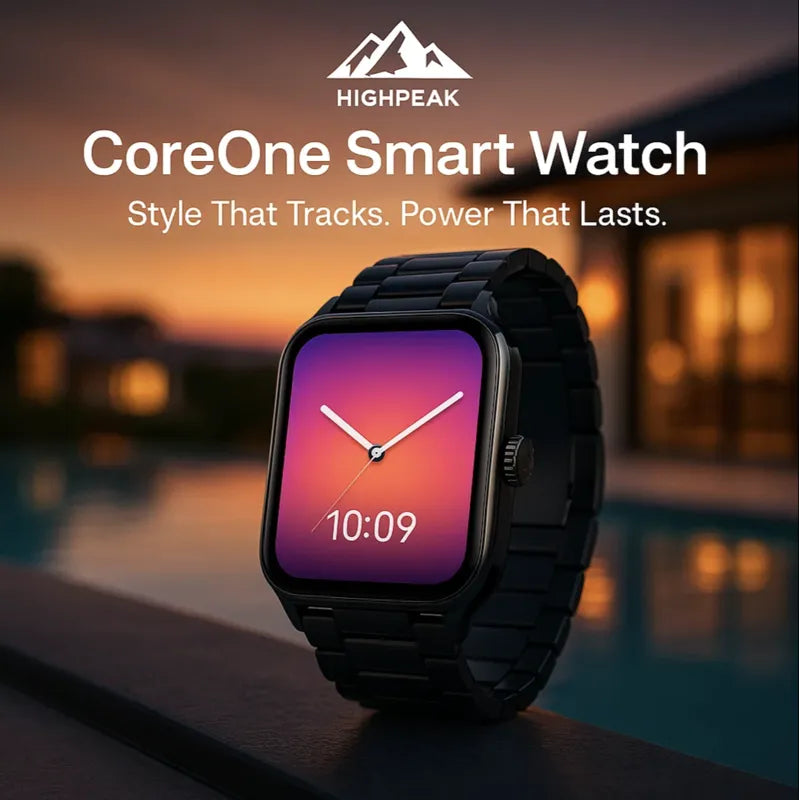 HighPeak CoreOne Smart Watch with black metal band and vibrant AMOLED display at sunset by a poolside setting