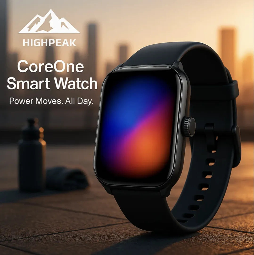 HighPeak CoreOne Smart Watch in black with sleek design and vibrant AMOLED display glowing at sunset cityscape background