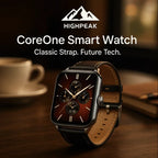 HighPeak CoreOne Smart Watch with classic black leather strap and sleek AMOLED display on wooden desk background