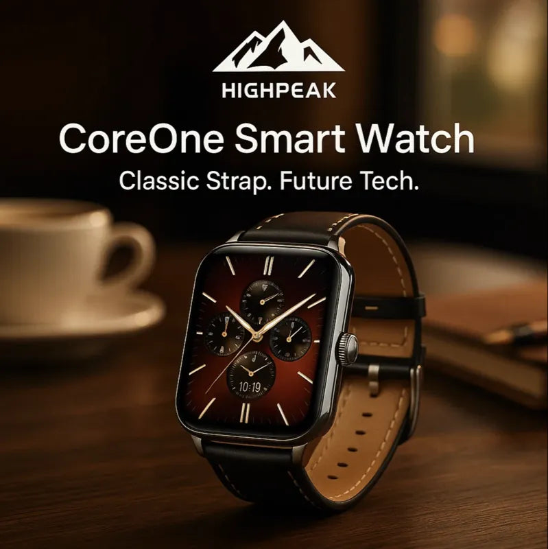 HighPeak CoreOne Smart Watch with classic black leather strap and sleek AMOLED display on wooden desk background