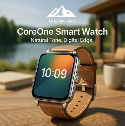 HighPeak CoreOne Smart Watch with natural tone leather strap and 1.96” AMOLED screen on wooden surface outdoors
