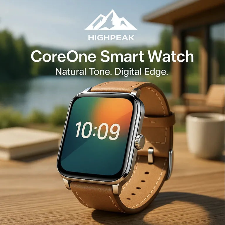 HighPeak CoreOne Smart Watch with tan leather strap and 1.96" AMOLED display on wooden table outdoors