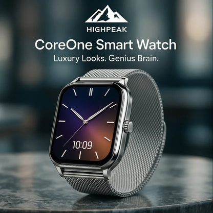 HighPeak CoreOne Smart Watch with sleek silver mesh band and vibrant AMOLED display on dark blurred background