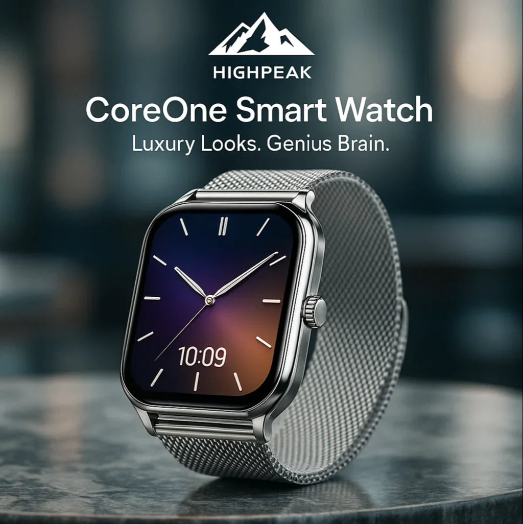 HighPeak CoreOne Smart Watch in silver with metal mesh band and 1.96" AMOLED display on reflective surface