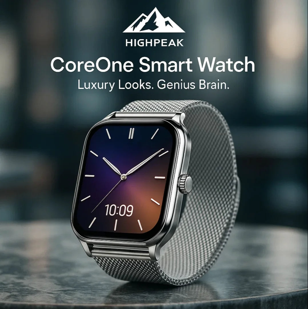 HighPeak CoreOne Smart Watch in silver with metal mesh band and 1.96" AMOLED display on reflective surface