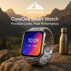 HighPeak CoreOne Smart Watch with silver metal band and vibrant AMOLED display on rocky outdoor background