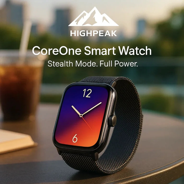 HighPeak CoreOne Smart Watch with black mesh band and vibrant AMOLED display on outdoor table at sunset