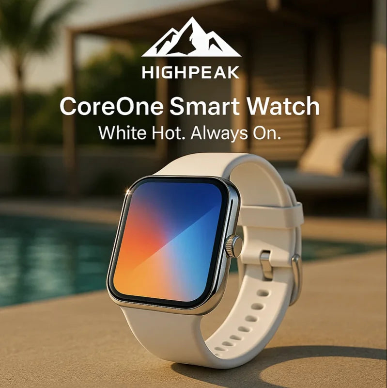 HighPeak CoreOne Smart Watch with white band and vibrant AMOLED screen, displayed outdoors by poolside in natural light