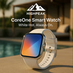 HighPeak CoreOne Smart Watch in white with 1.96" AMOLED display, sleek design, shown outdoors near poolside setting