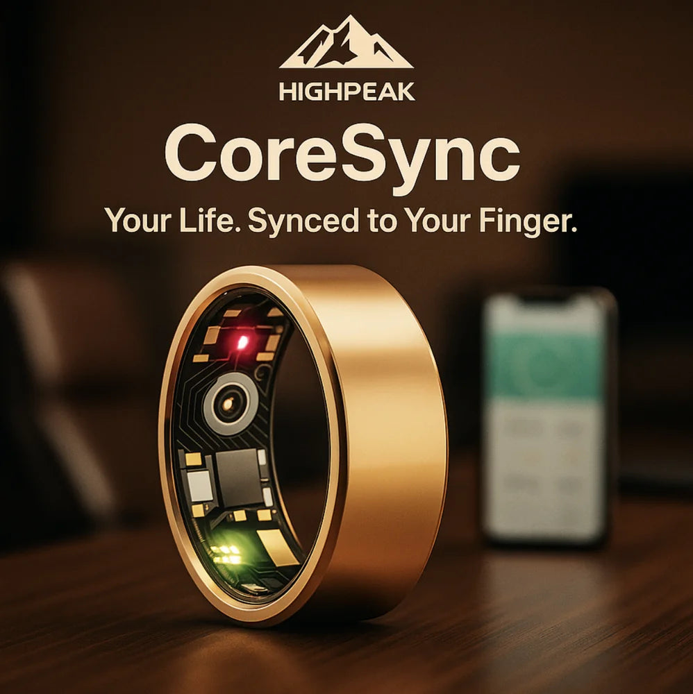 HighPeak CoreSync Smart Ring in gold showing sensor lights on a wood table with blurred smartphone app in background