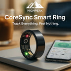 HighPeak CoreSync Smart Ring in black with heart rate sensors next to smartphone showing health tracking app.
