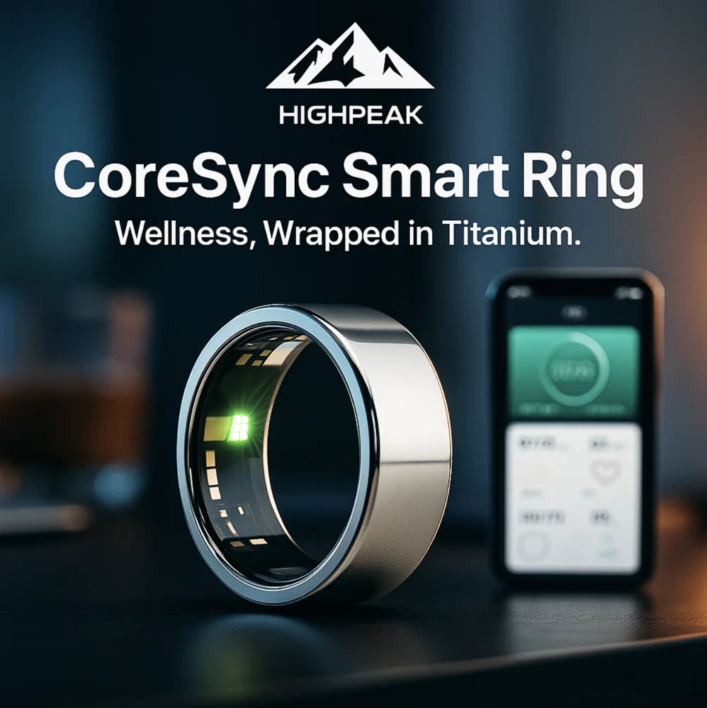 HighPeak CoreSync Smart Ring in titanium with glowing sensors beside smartphone displaying health data app.