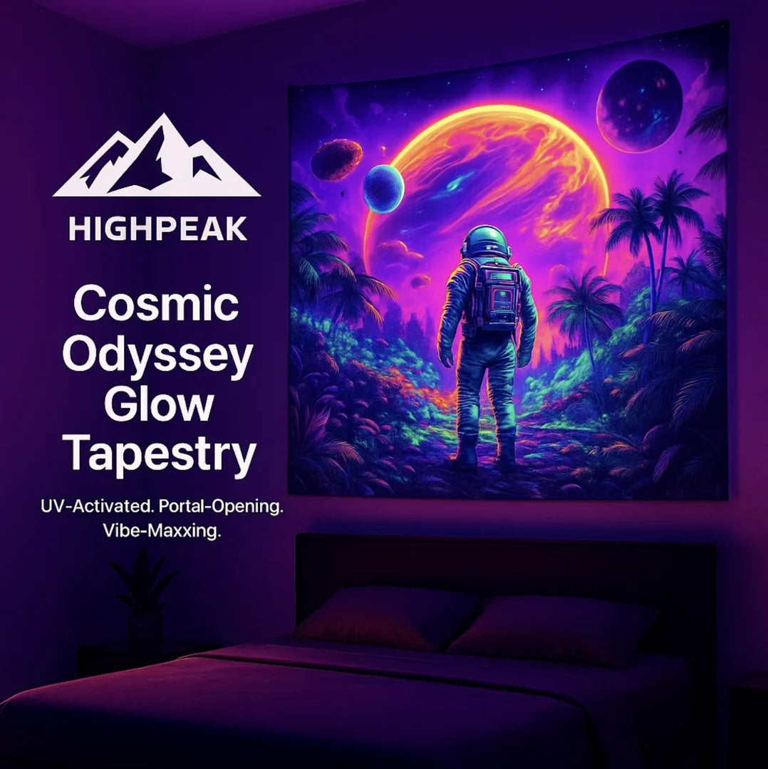 HighPeak Cosmic Odyssey Glow Tapestry in vibrant UV-activated colors featuring an astronaut and cosmic planets above a bed.