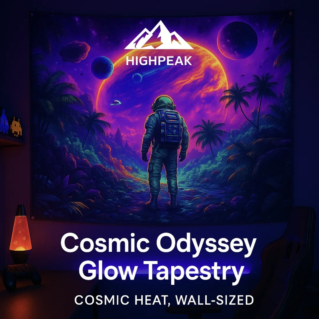 HighPeak Cosmic Odyssey Glow Tapestry with UV-reactive astronaut and vibrant cosmic scene in a dark bedroom setting