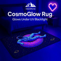 HighPeak CosmoGlow™ Astronaut Rug glowing under UV blacklight with astronaut on pink donut in dark bedroom