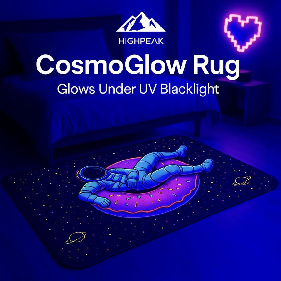 HighPeak CosmoGlow™ Astronaut Rug glowing under UV blacklight with astronaut on pink donut in dark bedroom