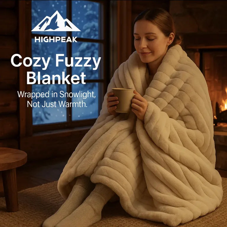 HighPeak Cozy Fuzzy Blanket in beige ribbed texture wrapped around a woman holding a mug by the fireplace