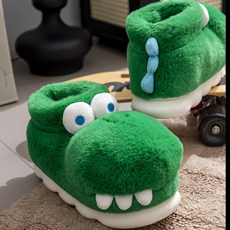 Crocodile slippers showing the face and blue raised details along the heel