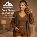 HighPeak Cozy Fleece Lounge Set in brown worn by smiling woman in cozy bedroom, featuring cardigan, tank, and shorts