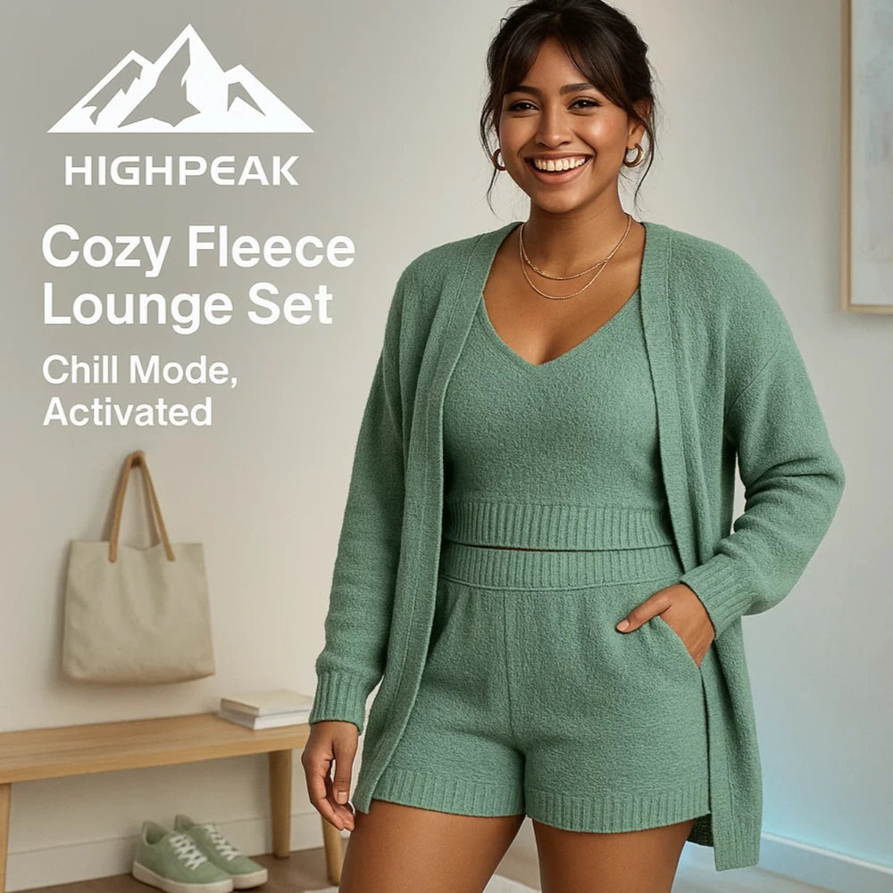 HighPeak Cozy Fleece Lounge Set in sage green with cardigan, V-neck tank, and shorts, styled casually indoors