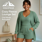 HighPeak Cozy Fleece Lounge Set in sage green with cardigan, V-neck tank, and shorts worn indoors for casual comfort