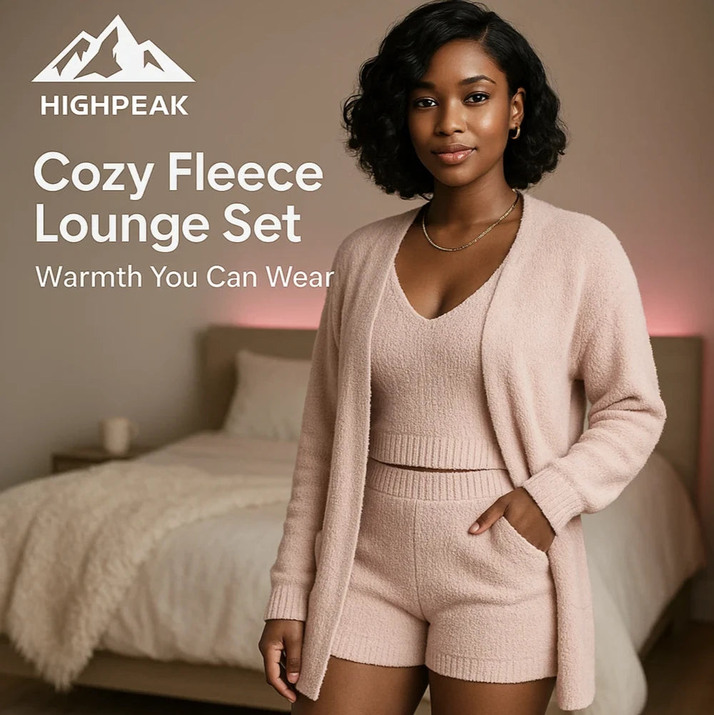 HighPeak Cozy Fleece Lounge Set in blush pink featuring cardigan, tank, and shorts for stylish, warm loungewear at home