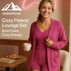 HighPeak Cozy Fleece Lounge Set in bold pink, featuring cardigan, V-neck tank, and shorts for stylish warmth indoors