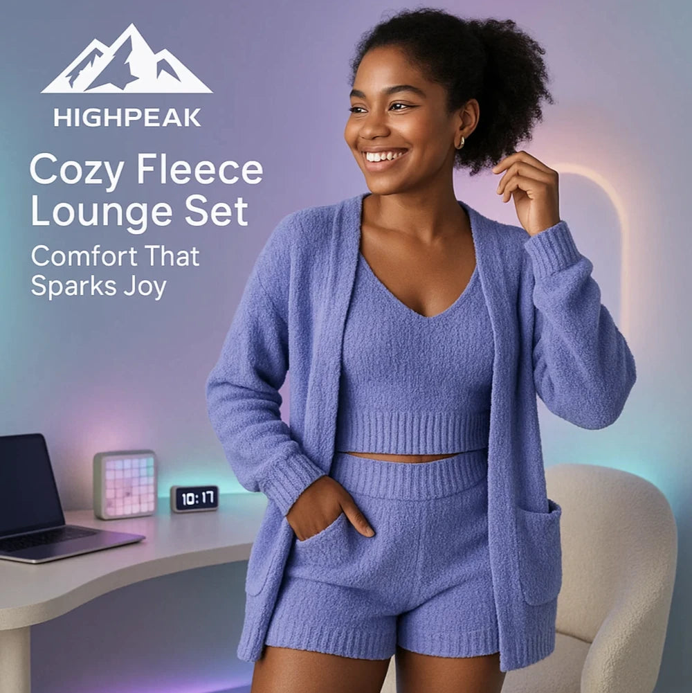 HighPeak Cozy Fleece Lounge Set in lavender with cardigan, V-neck tank, and shorts shown in modern cozy room setting