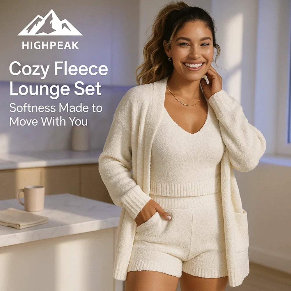 HighPeak Cozy Fleece Lounge Set in cream with cardigan, V-neck tank, and shorts worn indoors for relaxed comfort and style