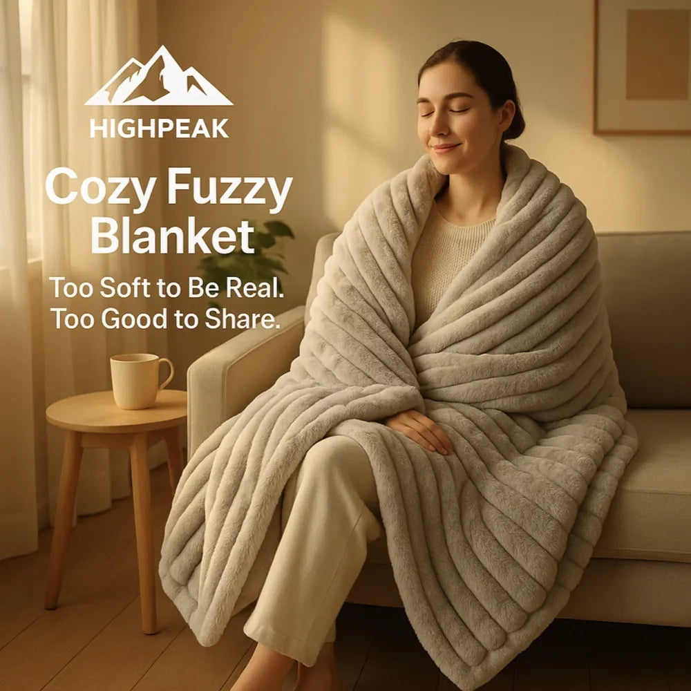 HighPeak Cozy Fuzzy Blanket in light gray with ribbed texture wrapped around a woman on a beige couch in a warm room