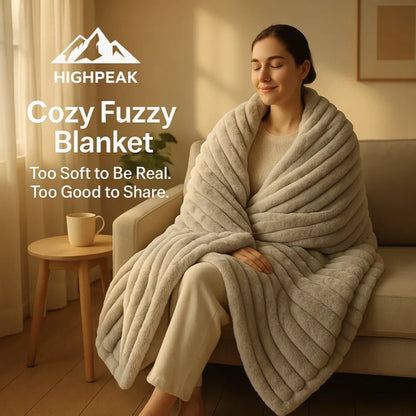 HighPeak Cozy Fuzzy Blanket in light gray, ultra-soft textured ribbed design wrapped around woman on beige sofa