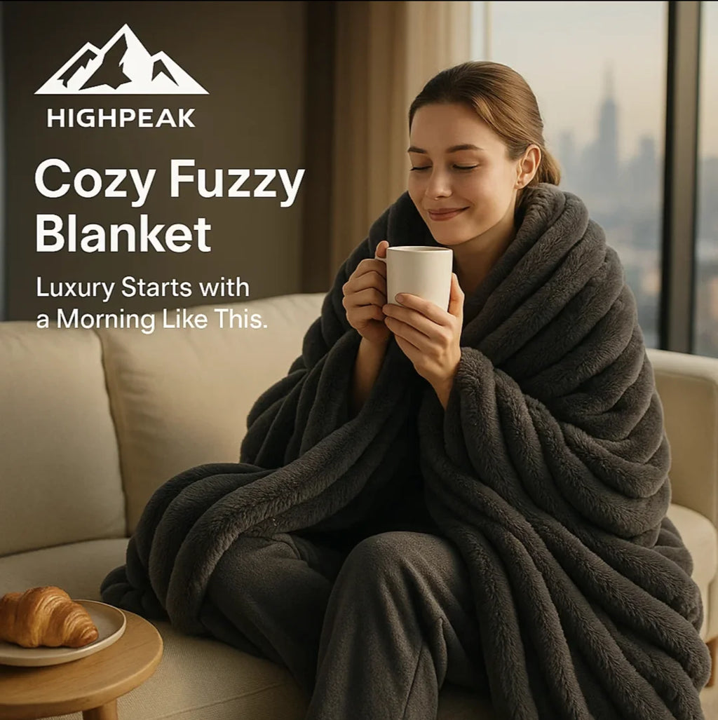 HighPeak Cozy Fuzzy Blanket in dark gray on woman relaxing with coffee in a modern living room setting