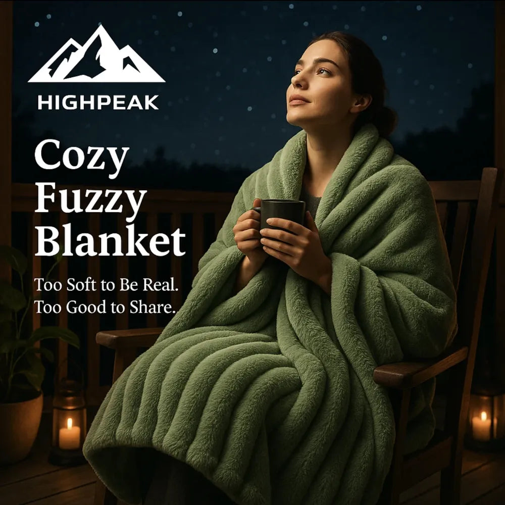 HighPeak Cozy Fuzzy Blanket in green, ultra soft plush with ribbed texture, wrapped around woman holding a mug outdoors at night