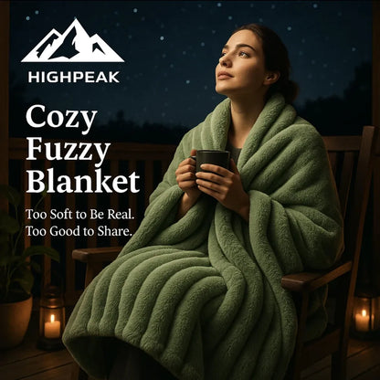 HighPeak Cozy Fuzzy Blanket in green with textured ribbed design wrapped around woman on outdoor chair at night