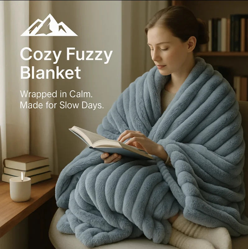 HighPeak Cozy Fuzzy Blanket in soft blue wrapped around woman reading by candlelight for slow relaxing days