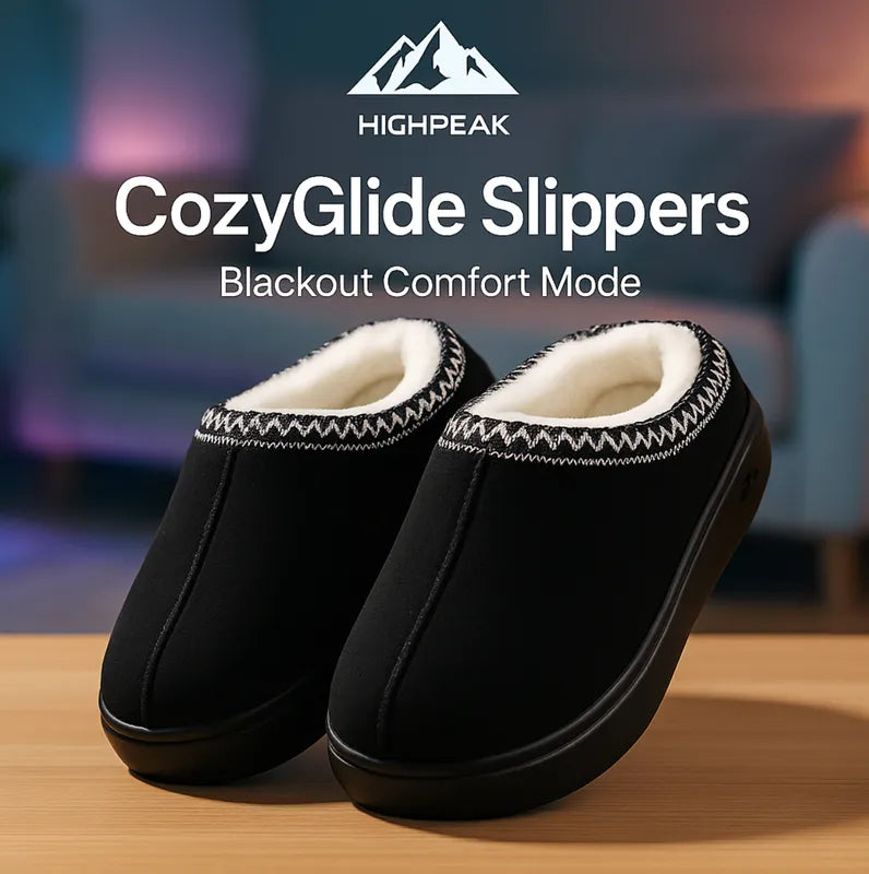 HighPeak CozyGlide Slippers in black with plush fleece lining and anti-slip sole on a wooden surface indoors