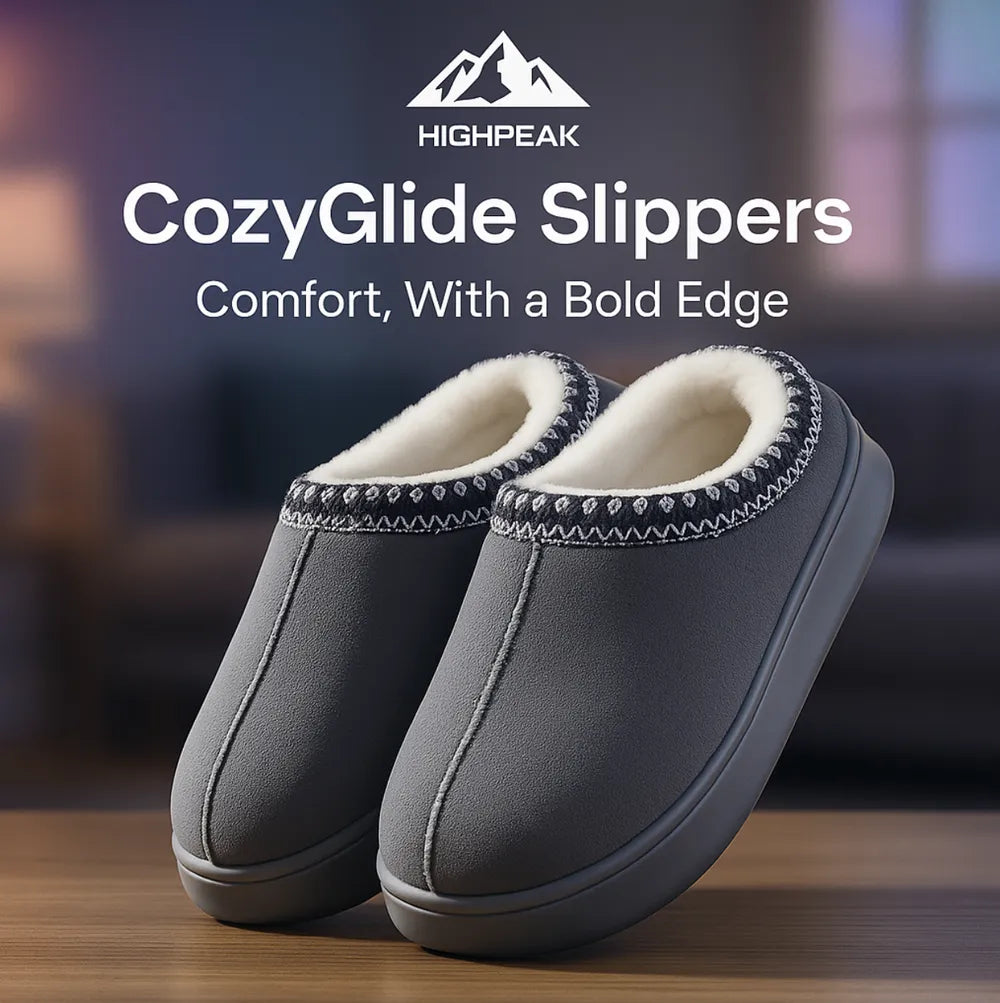HighPeak CozyGlide Slippers in gray with plush fleece lining and durable sole, ideal for indoor and outdoor comfort.