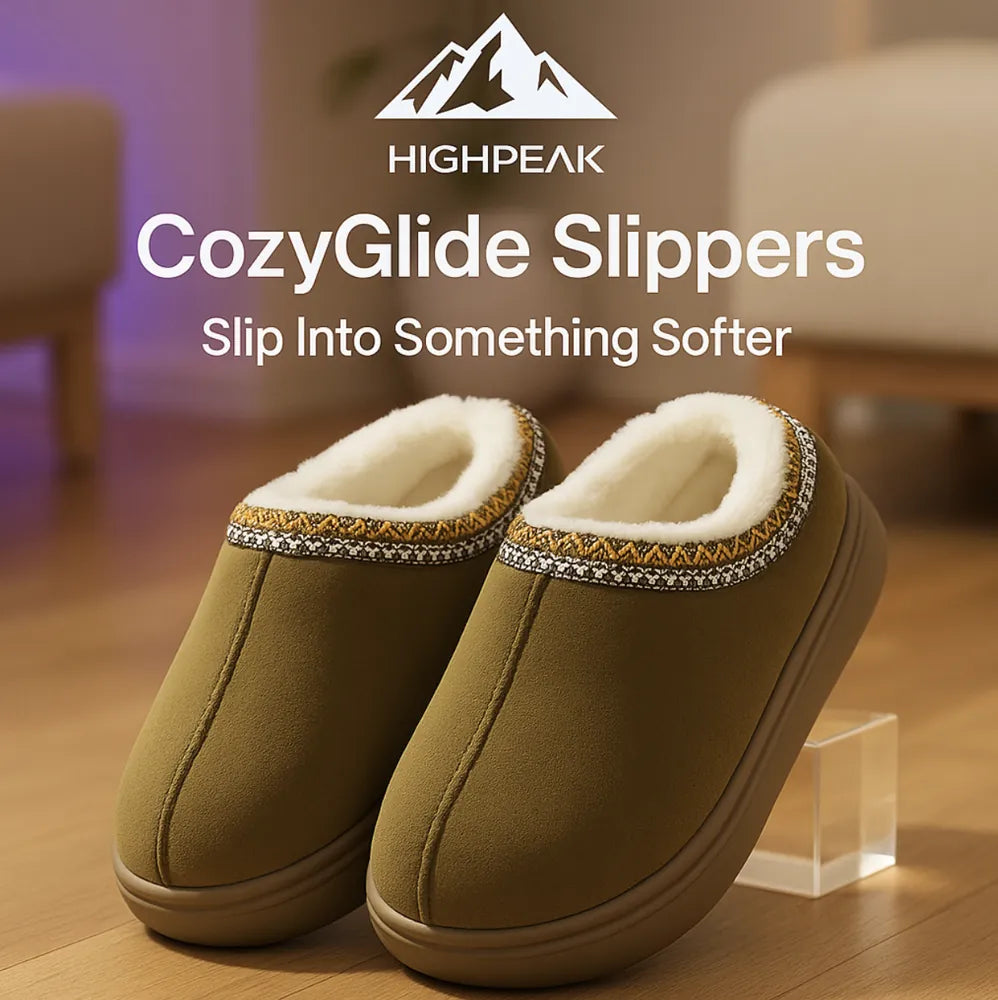 HighPeak CozyGlide Slippers in olive green with plush fleece lining and anti-slip sole on wooden floor indoor setting