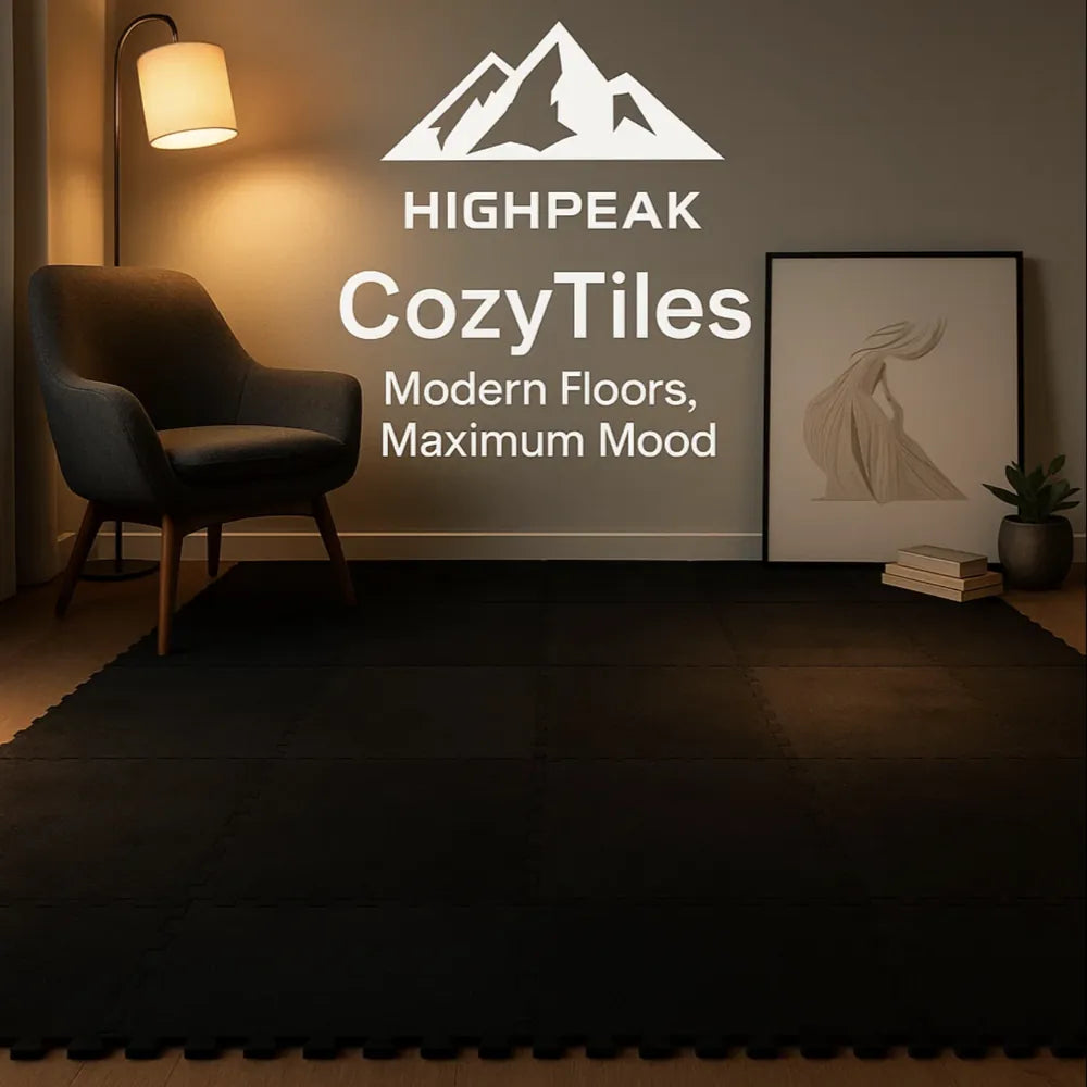 HighPeak CozyTiles™ 24pc black interlocking floor mat set in cozy dimly lit room with chair and wall art