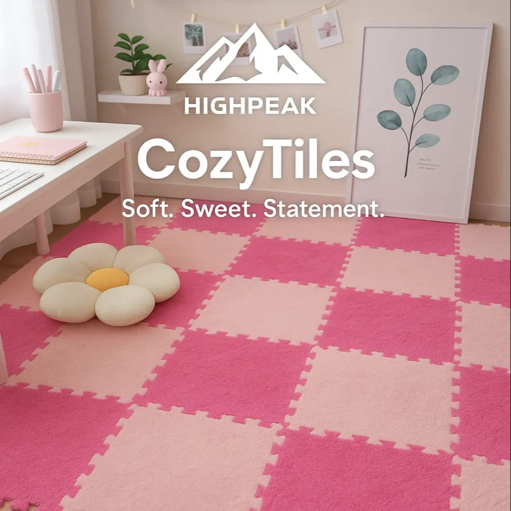 HighPeak CozyTiles™ 24pc mat set in pink checkered pattern on floor with soft daisy pillow in playroom setting
