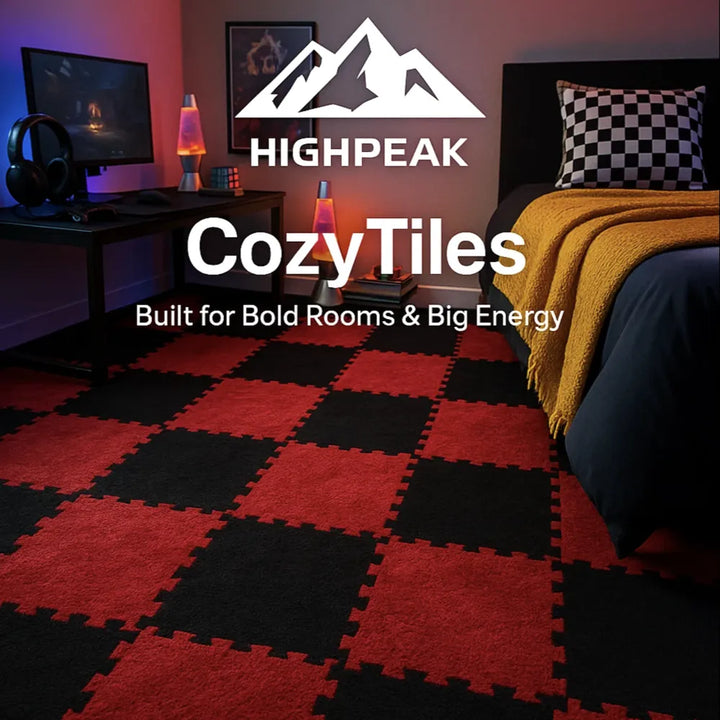 HighPeak CozyTiles™ 24pc mat set in red and black checkered pattern on bedroom floor with cozy bed and desk setup