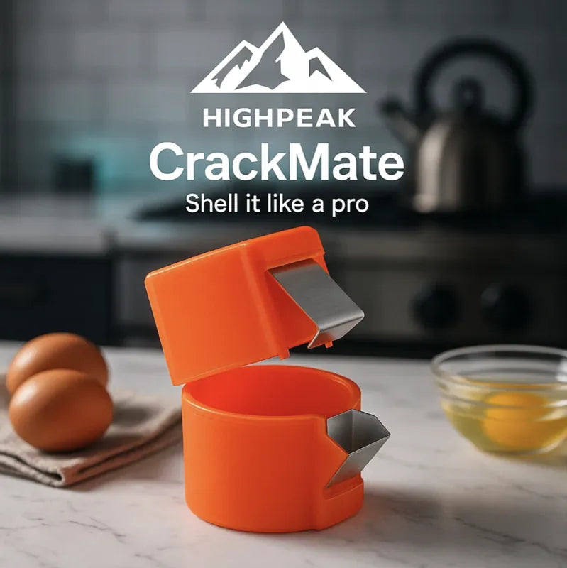 HighPeak CrackMate™ eggshell separator in orange on kitchen counter with cracked eggs and yolk bowl in background